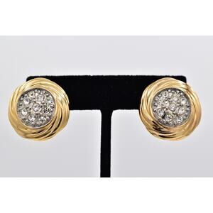 Louis Féraud Vintage Pavé Crystal Clip On Earrings Gold Chunky Signed 1980s BinH